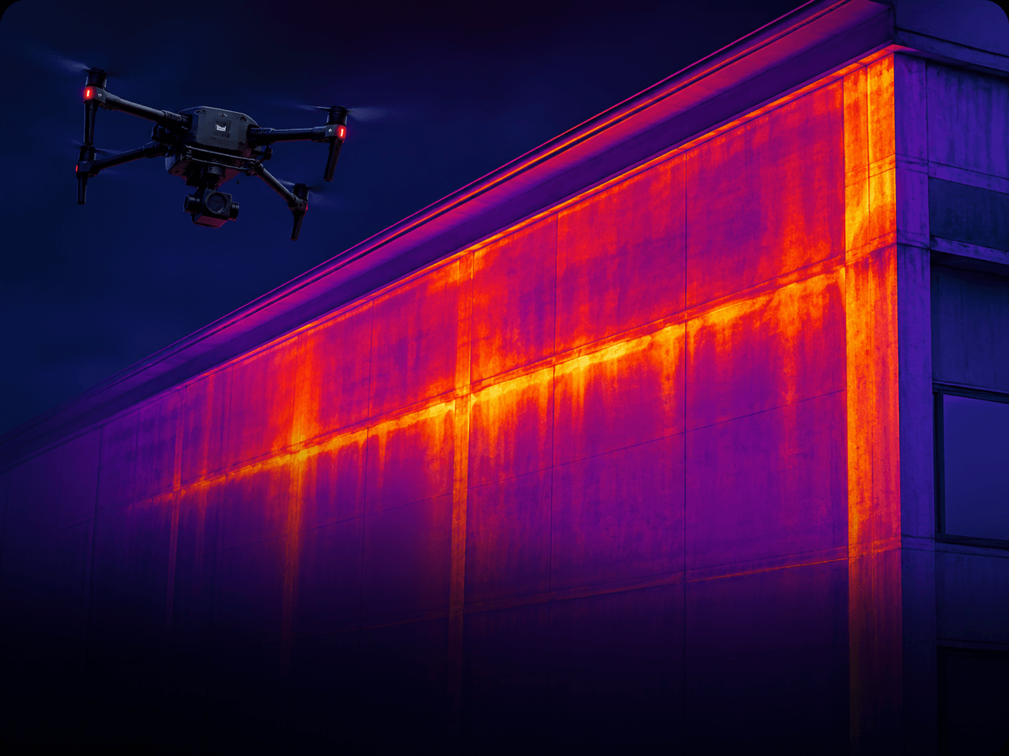 Thermal imaging scan revealing heat anomalies on a building facade