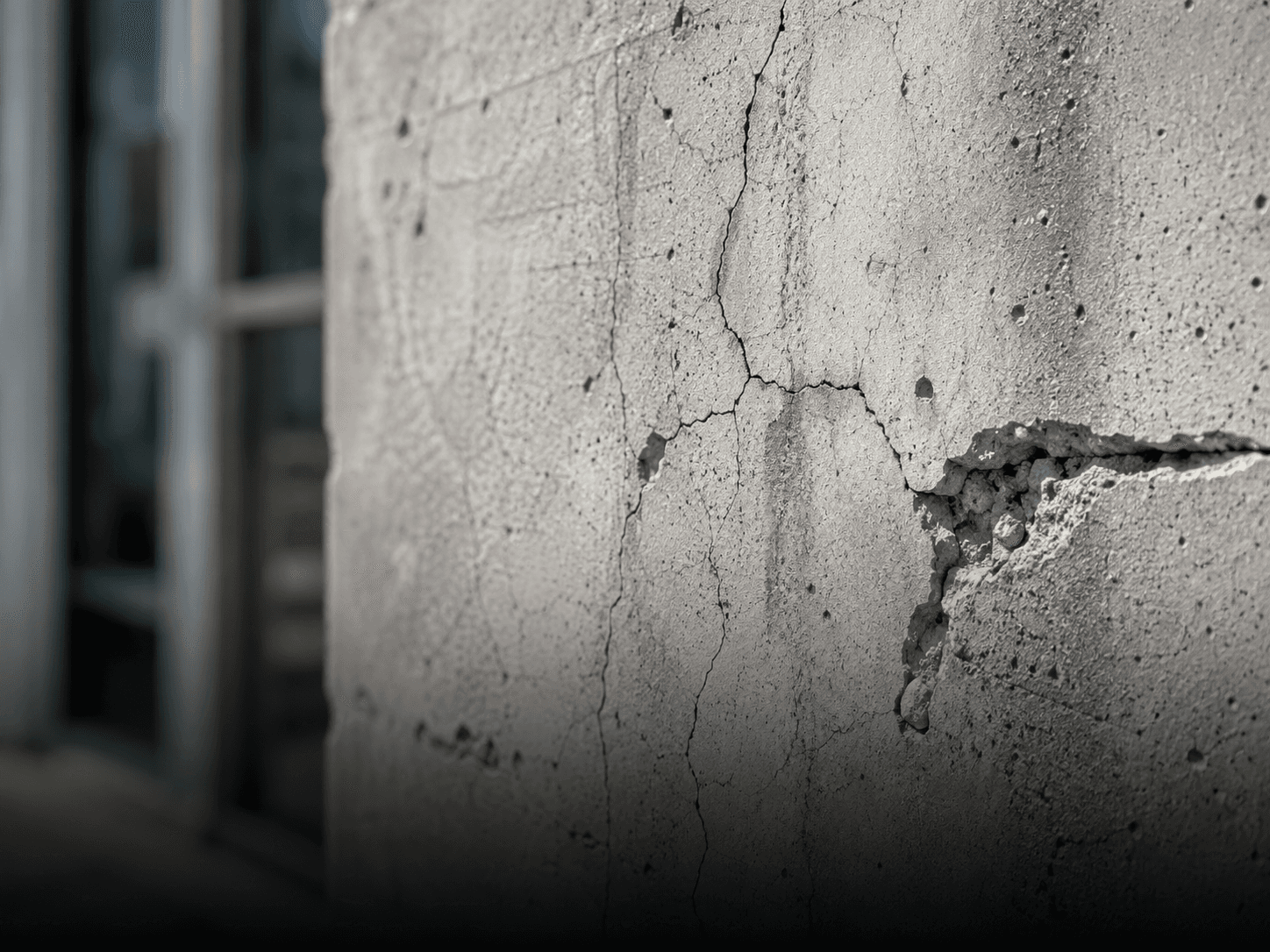 High-resolution close-up of a cracked concrete facade surface